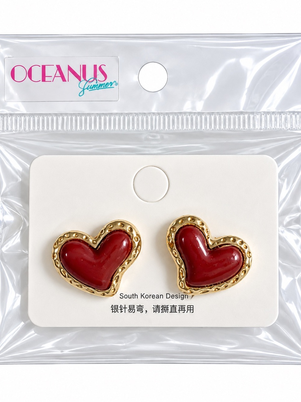 Oceanus Summer Red Heart Stud Earrings with Gold Trim